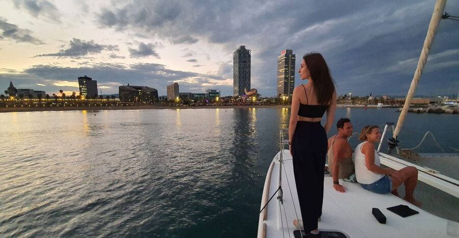 Barcelona: Luxury Private Sunset Yacht Cruise - Sunset skyline time: W Hotel, Barceloneta, Montjuic, and the Olympic Towers