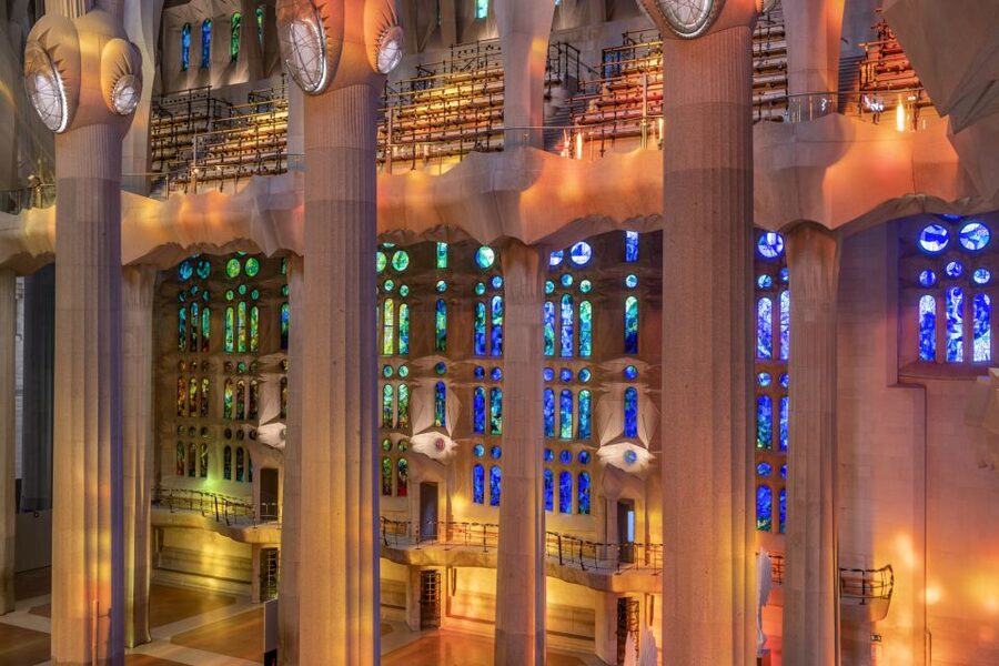 Late sun through the stained glass inside the Sagrada Família